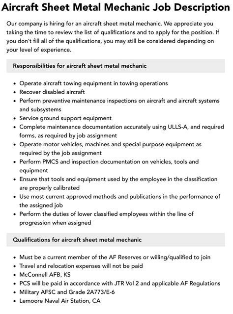 aircraft sheet metal worker|aircraft sheet metal job description.